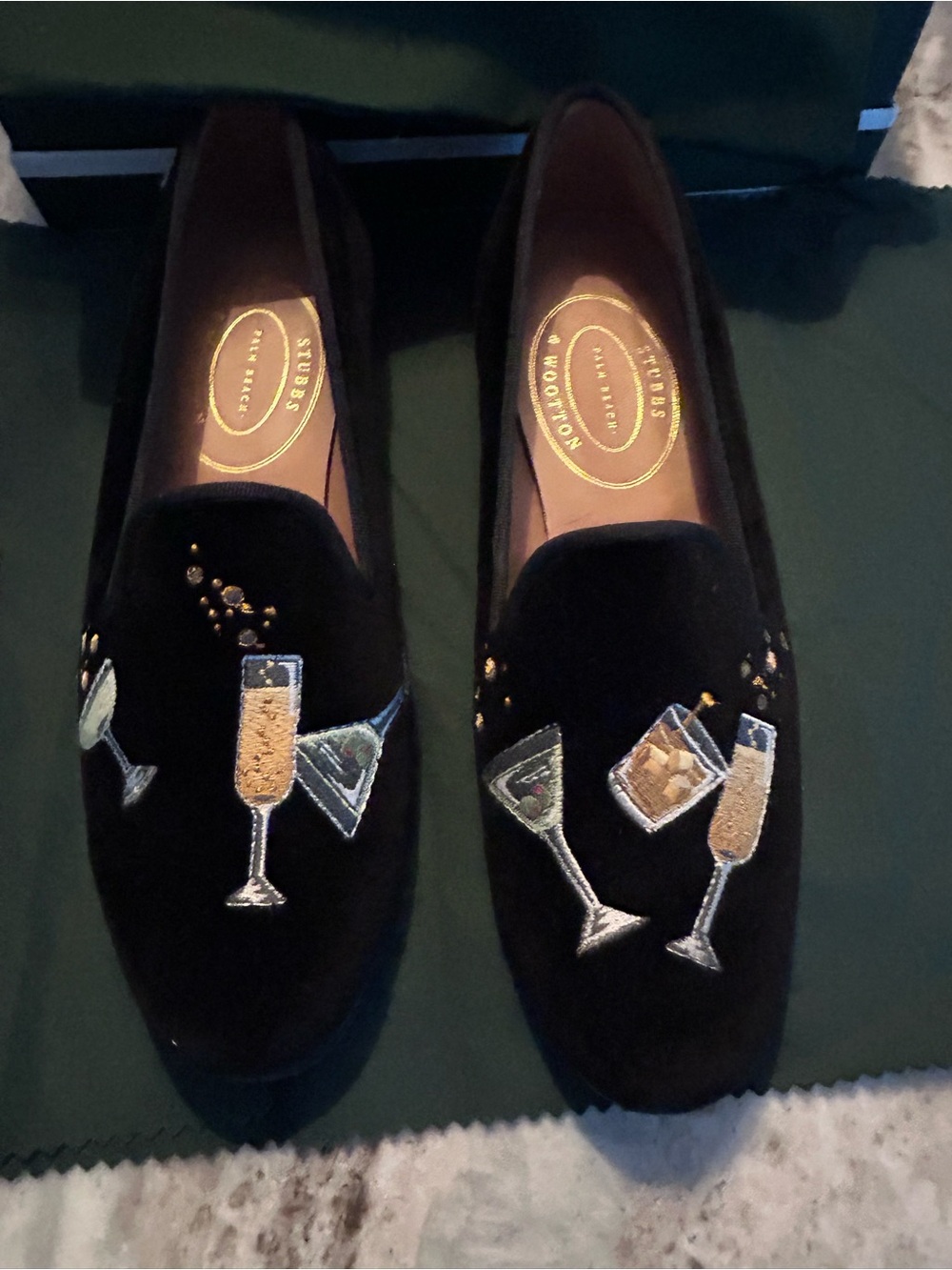 Stubbs & Wootton Black Velvet Embroidered Cocktail Slippers Celebrate size 10